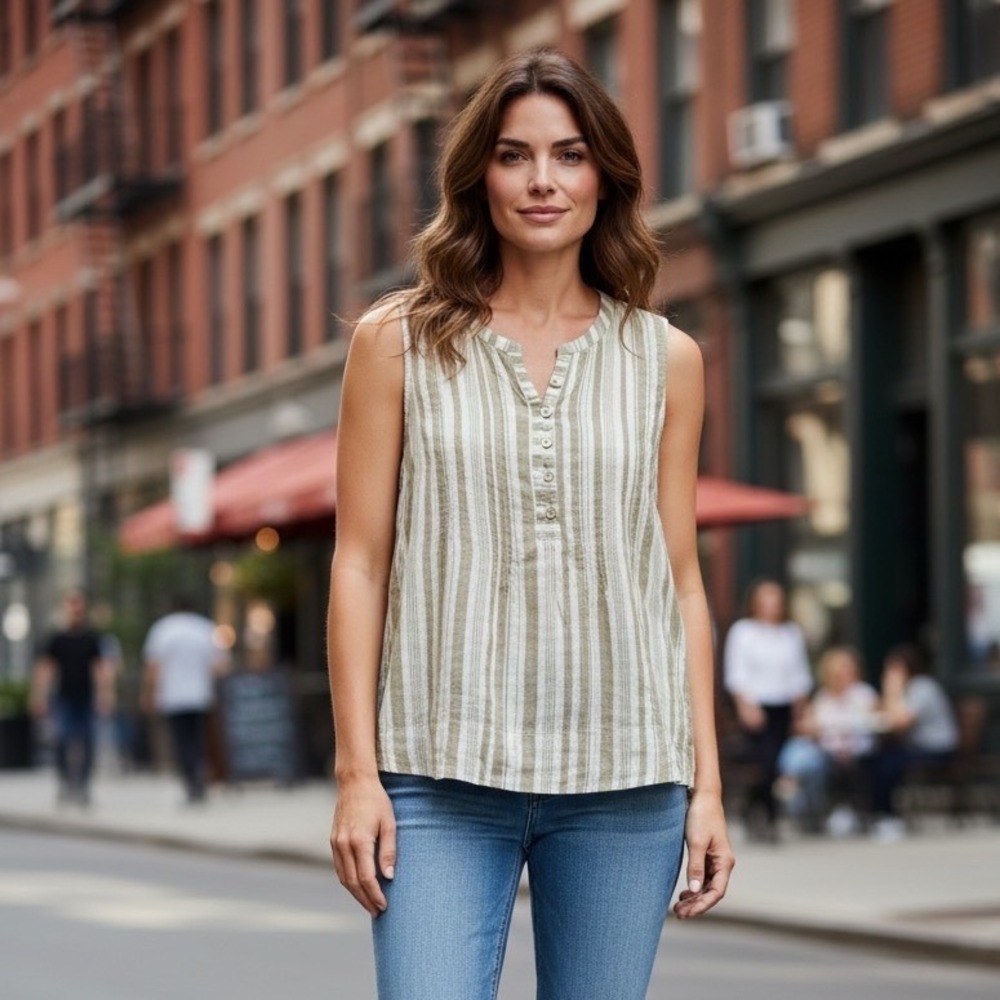 Faherty Womens Tan White Striped 100% Linen Sleeveless Henley Pintuck Top M Boho